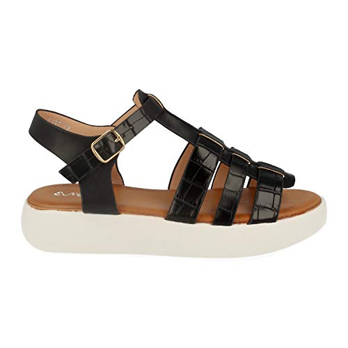 Sandalia Plana de Mujer Estilo Cangrejera con Talon Abierto, Grabado Cocodrilo, Puntera Abierta y Hebilla. Primavera Verano 2020. Talla 40 Negro