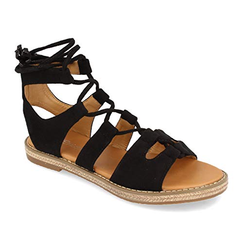 Sandalia Romana para Mujer, Comodas, Estilo Cangrejera, con Cierre de Cordones al Tobillo, Primavera Verano 2021. Talla 41 Negro