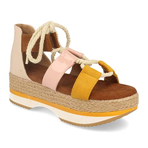 Sandalias Comodas Mujer con Plataforma de Yute, Cuerdas, Tiras, Pala Serpiente, Punta Abierta y Talon Cerrado. Primavera Verano. Talla 40 Amarillo