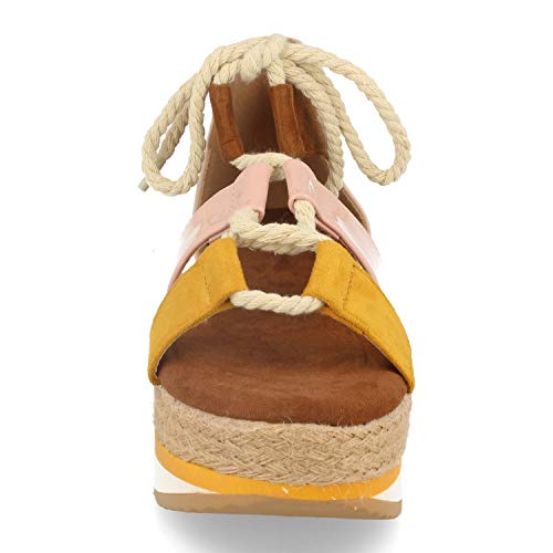 Sandalias Comodas Mujer con Plataforma de Yute, Cuerdas, Tiras, Pala Serpiente, Punta Abierta y Talon Cerrado. Primavera Verano. Talla 40 Amarillo