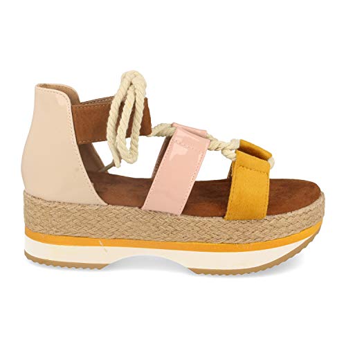 Sandalias Comodas Mujer con Plataforma de Yute, Cuerdas, Tiras, Pala Serpiente, Punta Abierta y Talon Cerrado. Primavera Verano. Talla 40 Amarillo