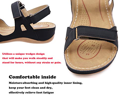 Sandalias con Punta Abierta para Mujer de Cuero Cómodo Sandalias de Caminar Antideslizantes Zapatos de Viaje Verano Playa con Ajustable al Tobillo Negro Talla: 36 EU