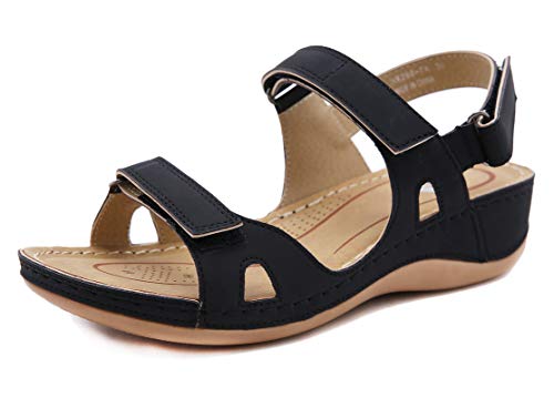 Sandalias con Punta Abierta para Mujer de Cuero Cómodo Sandalias de Caminar Antideslizantes Zapatos de Viaje Verano Playa con Ajustable al Tobillo Negro Talla: 36 EU