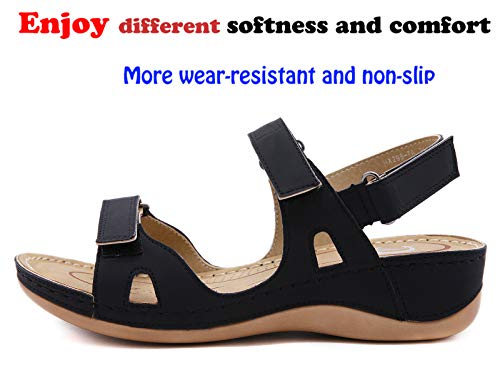 Sandalias con Punta Abierta para Mujer de Cuero Cómodo Sandalias de Caminar Antideslizantes Zapatos de Viaje Verano Playa con Ajustable al Tobillo Negro Talla: 36 EU