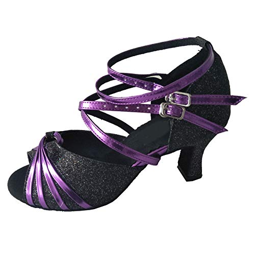 Sandalias de baile latina para mujer con doble correa abierta para salón de baile y suela suave profesional para noche en interiores, negro (Tacón negro de 7 cm.), 36 EU