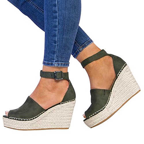 Sandalias de Cuña Mujer Verano 2019 - Elegante Bohemia Romanos Tejer Paja Zapatos con Plataforma 3CM - Tacon Alto 8cm - para Playa Fiesta - Talla 34-42