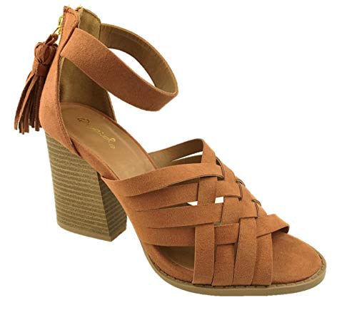 Sandalias de gamuza sintética para mujer, con flecos, tacón ancho, color marrón, talla 39 – 9, color Marrón, talla 39.5 EU