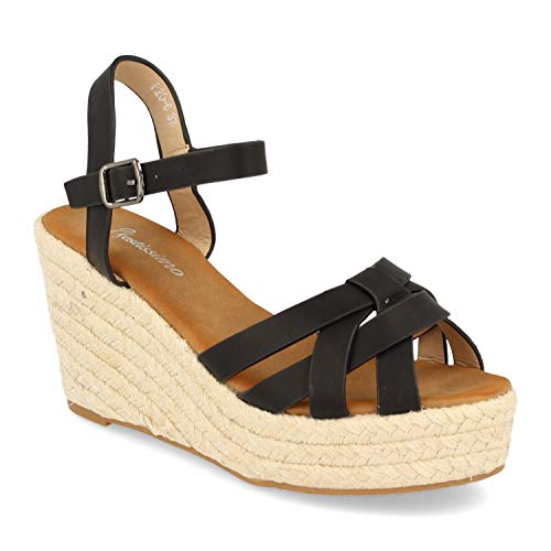 Sandalias de Mujer Ankle Strap con Cuna y Plataforma de Yute, Tiras Cruzadas Tipo Cangrejera en la Pala, Talon Abierto y Cierre de Hebilla. Primavera Verano 2020. Talla 38 Negro