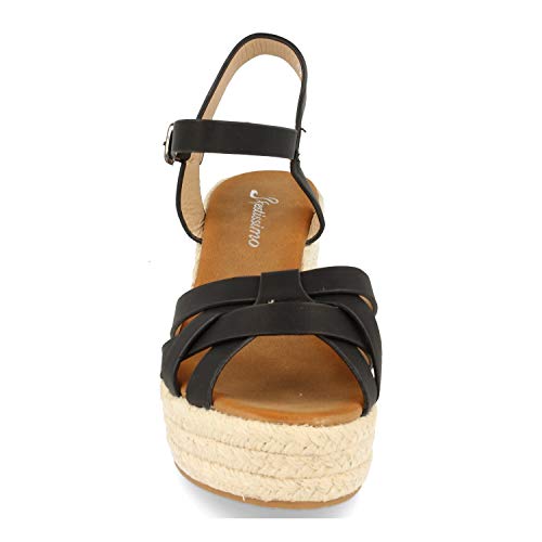 Sandalias de Mujer Ankle Strap con Cuna y Plataforma de Yute, Tiras Cruzadas Tipo Cangrejera en la Pala, Talon Abierto y Cierre de Hebilla. Primavera Verano 2020. Talla 37 Negro