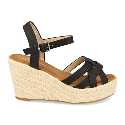 Sandalias de Mujer Ankle Strap con Cuna y Plataforma de Yute, Tiras Cruzadas Tipo Cangrejera en la Pala, Talon Abierto y Cierre de Hebilla. Primavera Verano 2020. Talla 37 Negro