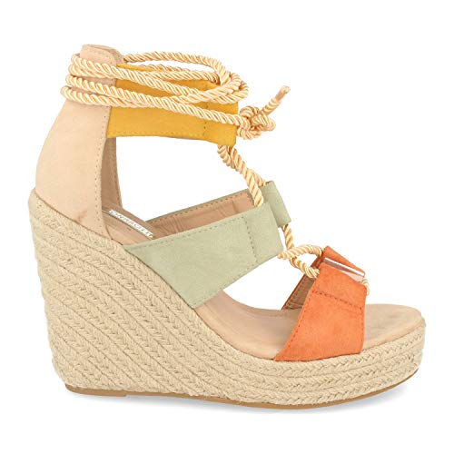 Sandalias de Mujer Comodas Casual con Cuna y Plataforma de Yute, Abierto en Lateral, Tiras Anchas en Pala y Cuerda en T. Primavera Verano. Talla 37 Beige