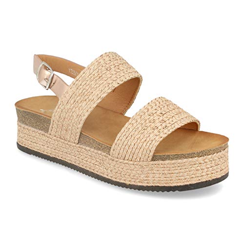 Sandalias de Mujer con Doble Pala de Yute, Planta Bio Confort, Plataforma Forrada de Yute y Correa con Hebilla. Primavera Verano 2020. Talla 40 Champan