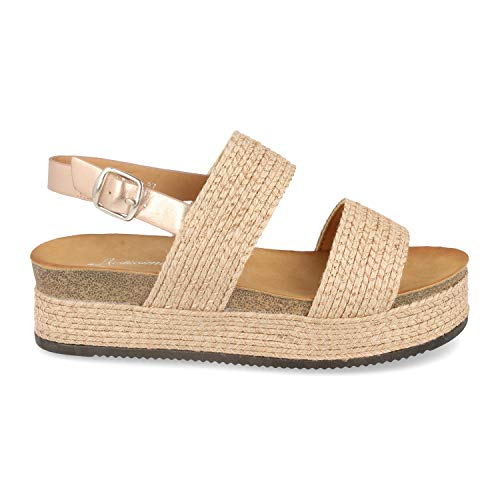 Sandalias de Mujer con Doble Pala de Yute, Planta Bio Confort, Plataforma Forrada de Yute y Correa con Hebilla. Primavera Verano 2020. Talla 40 Champan