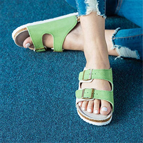 Sandalias de Pala Mujer Hombre Sandalias de Vestir Mules Punta Abierta Chanclas Plano Cómodas Verano Ajustable Hebilla Zapatillas Verde Claro Número 42 EU