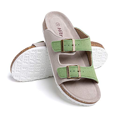 Sandalias de Pala Mujer Hombre Sandalias de Vestir Mules Punta Abierta Chanclas Plano Cómodas Verano Ajustable Hebilla Zapatillas Verde Claro Número 42 EU