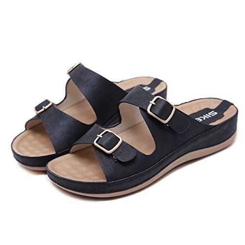 Sandalias de Pala Mujer Metálico Piel Verano Sandalias Bio Ajustable Buckle Comodas Plataforma Mules Planas Zuecos