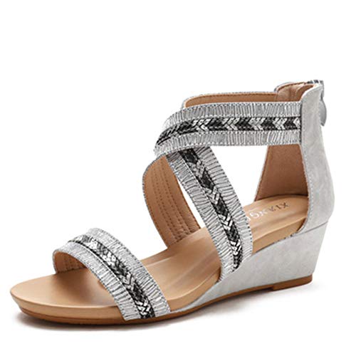 Sandalias de Punta Abierta para Mujer Verano Exterior Talón Pendiente Roma Zapato Senderismo Movimiento Shoes (Color : Gray, Size : 37)