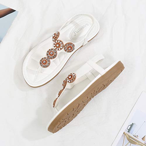 Sandalias de Punta Abierta Zapatillas de Playa de Verano,Zapatos de Diamantes de ImitacióN Bohemios Zapatos Planos Elegantes Zapatos Romanos Retro Blanco Beige Negro 35-42 EU