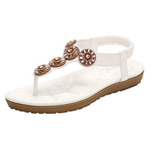 Sandalias de Punta Abierta Zapatillas de Playa de Verano,Zapatos de Diamantes de ImitacióN Bohemios Zapatos Planos Elegantes Zapatos Romanos Retro Blanco Beige Negro 35-42 EU