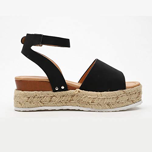 Sandalias Mujer con Sandalias Wedge Plateau con Correa en el Tobillo Sandalias Bajas de Verano Alpargatas de Punta Abierta Zapatos Elegantes para Mujer Cómodos (38 EU, Negro)