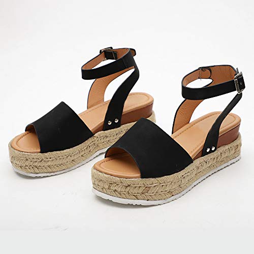 Sandalias Mujer con Sandalias Wedge Plateau con Correa en el Tobillo Sandalias Bajas de Verano Alpargatas de Punta Abierta Zapatos Elegantes para Mujer Cómodos (38 EU, Negro)