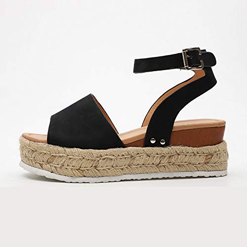 Sandalias Mujer con Sandalias Wedge Plateau con Correa en el Tobillo Sandalias Bajas de Verano Alpargatas de Punta Abierta Zapatos Elegantes para Mujer Cómodos (38 EU, Negro)