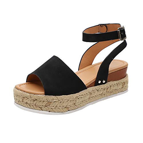 Sandalias Mujer con Sandalias Wedge Plateau con Correa en el Tobillo Sandalias Bajas de Verano Alpargatas de Punta Abierta Zapatos Elegantes para Mujer Cómodos (38 EU, Negro)