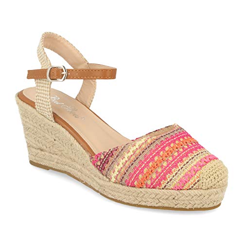 Sandalias Mujer Estilo Bohemio Hippie Etnica Cuna con Yute, Pala Cerrada con Estampado Tribal, Talon Abierto, Correas Cruzadas en el Tobillo y Hebilla. Primavera Verano 2020. Talla 40 Rosa