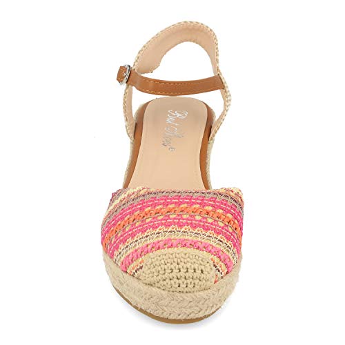 Sandalias Mujer Estilo Bohemio Hippie Etnica Cuna con Yute, Pala Cerrada con Estampado Tribal, Talon Abierto, Correas Cruzadas en el Tobillo y Hebilla. Primavera Verano 2020. Talla 40 Rosa