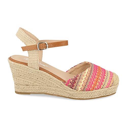 Sandalias Mujer Estilo Bohemio Hippie Etnica Cuna con Yute, Pala Cerrada con Estampado Tribal, Talon Abierto, Correas Cruzadas en el Tobillo y Hebilla. Primavera Verano 2020. Talla 40 Rosa