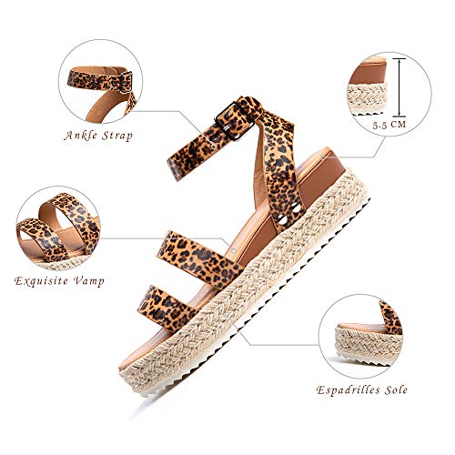 Sandalias Mujer Plataforma Esparto Verano Casual Alpargatas de Cuña Plateau Moda con Correa Tobillo 5 CM Leopard B Talla 35 EU