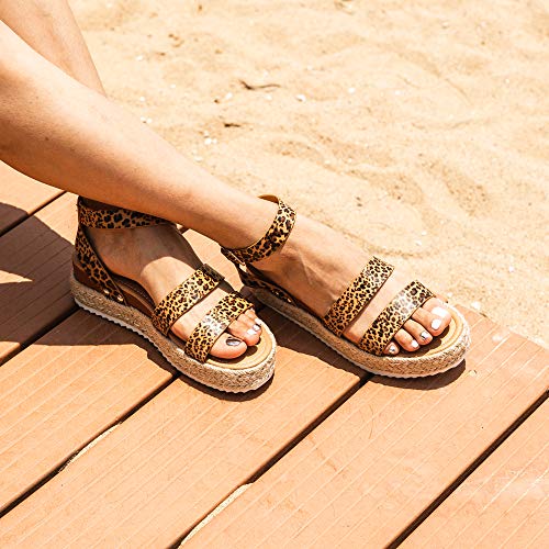 Sandalias Mujer Plataforma Esparto Verano Casual Alpargatas de Cuña Plateau Moda con Correa Tobillo 5 CM Leopard B Talla 35 EU