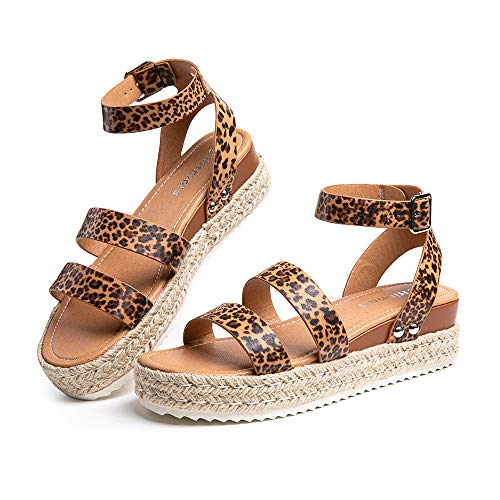 Sandalias Mujer Plataforma Esparto Verano Casual Alpargatas de Cuña Plateau Moda con Correa Tobillo 5 CM Leopard B Talla 35 EU