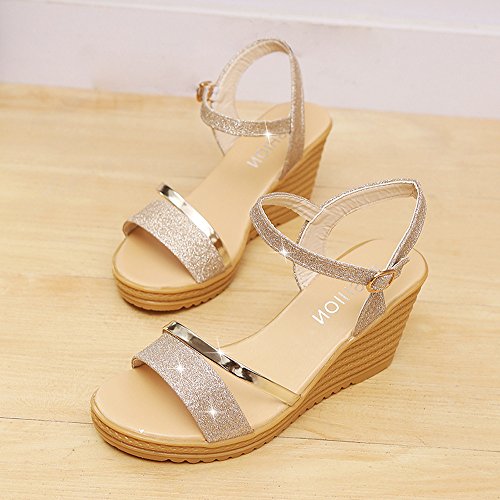 Sandalias Mujer Verano 2019 con Plataforma - Lentejuelas Zapatos de Cuña - con Altas Tacon 8 CM - Talla 35-39 - para Playa Fiesta