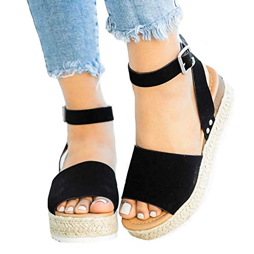 Sandalias Mujer Verano 2020 cáñamo Fondo Grueso Sandalias Punta Abierta Cuero Fondo Plano Zapatos Bohemias Romanas Hebilla Zapatillas