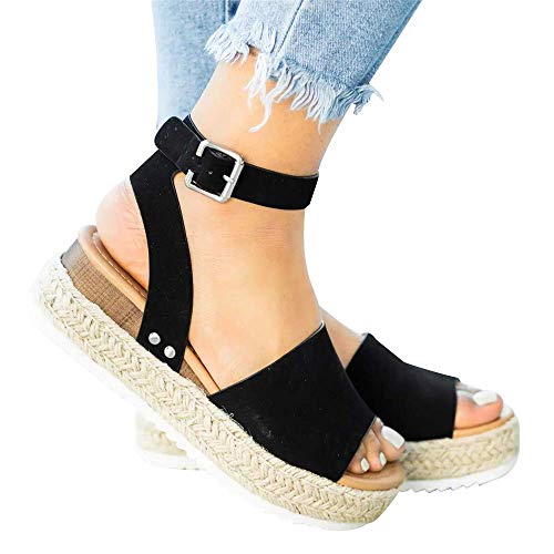 Sandalias Mujer Verano 2020 cáñamo Fondo Grueso Sandalias Punta Abierta Cuero Fondo Plano Zapatos Bohemias Romanas Hebilla Zapatillas