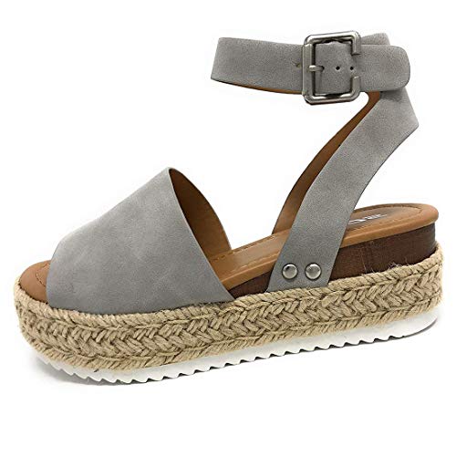 Sandalias Mujer Verano 2031 cáñamo Fondo Grueso Sandalias Punta Abierta Cuero Fondo Plano Zapatos Bohemias Romanas Hebilla Zapatillas