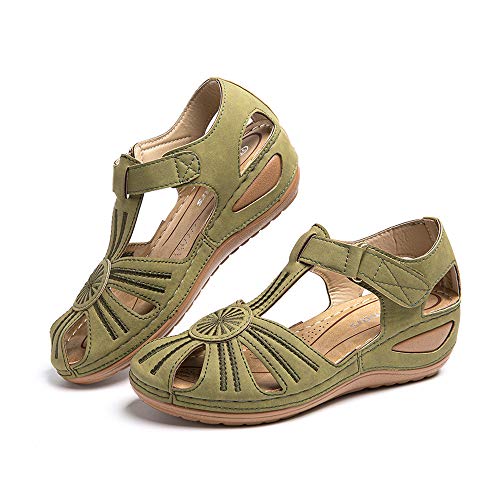 Sandalias Mujer Verano Zapatillas Playa Zapatos Cómodos Casuales Peep Toe Loafers Cuero De Imitación Caminar Antideslizantes Chanclas Plana Negro Marrón Verde Azul Gris 35-43 D-Verde 40