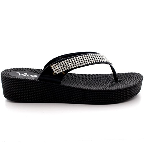 Sandalias para mujer de Viva, para playa, tiras con diamantes, color Negro, talla 39