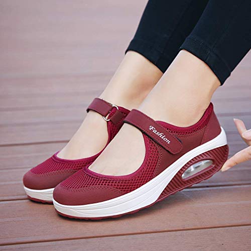 Sandalias para Mujer Malla Merceditas Plataforma Ligero Zapatillas Sneaker Mary Jane Casual Zapatos de Deporte Mocasines Negros Verano A-Rojo-2 EU37
