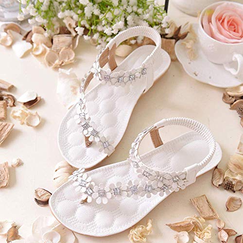 Sandalias Planas Blancas para Mujer Zapatos de Flip-Flop con Cuentas de Flores de Bohemia de Verano Blancas Tacon bajo Roma Fondo Plano Cómodo Zapatillas Chanclas riou