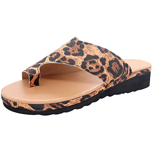 Sandalias Planas Cómodas para Mujer Zapatos Ortopédicos de Verano Sandalias de Corrección de Pie con Dedo Gordo Corrector de Juanetes Ortopédico Zapatillas de Viaje de Playa,Leopard Print,36
