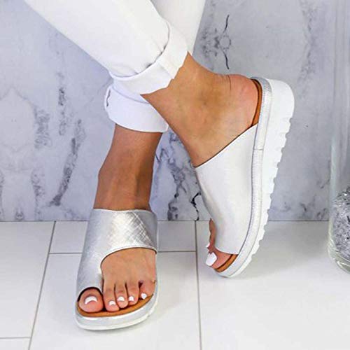 Sandalias Planas Cómodas para Mujer Zapatos Ortopédicos de Verano Sandalias de Corrección de Pie con Dedo Gordo Corrector de Juanetes Ortopédico Zapatillas de Viaje de Playa,Plata,43