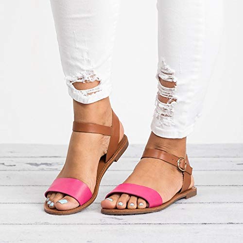 Sandalias Planas para Mujer Verano Tacón Bajo Peep-Toe Espalda Abierta Slingback Casual Citas Vestido Damas Zapatos con Correa De Hebilla En El Tobillo