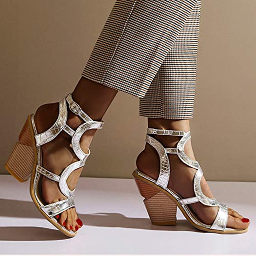 Sandalias Romanas Tacones de Verano Sandalias con Punta Abierta para Mujer Zapatos de TacóN Alto Vestir Sandalias Recortables de Boca de Pescado Sandalias con Hebilla Negro Amarillo Plata 35-43EU