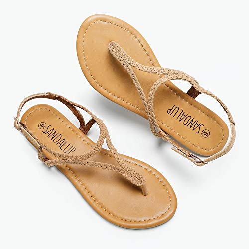 SANDALUP Sandalias planas con hebilla metálica trenzada para mujer, color Marrón, talla 41 EU