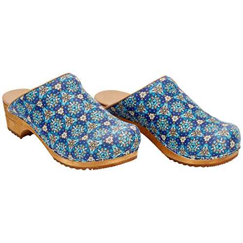 Sanita Zueco Rajan Mule | Zueco de cuero de madera hecho a mano original para mujer, color Azul, talla 37 EU