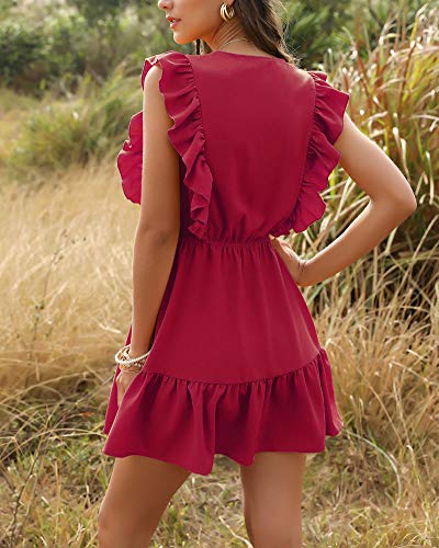 Señoras Cuello en V Color sólido Dulce Bohemio Sin Mangas Midi Vestidos de Túnica de Verano Chic de Noche Swing Corto Vestido Camisero de Playa Vacaciones con Volantes con Cordones Rojo L