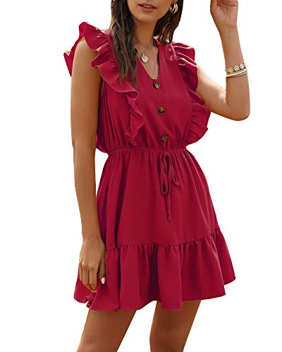 Señoras Cuello en V Color sólido Dulce Bohemio Sin Mangas Midi Vestidos de Túnica de Verano Chic de Noche Swing Corto Vestido Camisero de Playa Vacaciones con Volantes con Cordones Rojo L