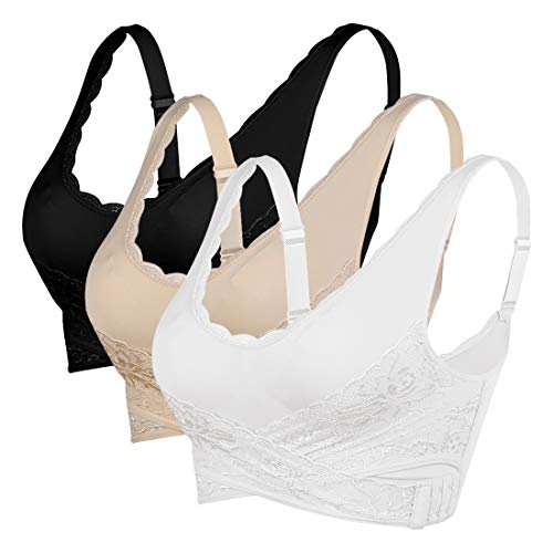 Sfit Sujetador Deportivo Encaje Mujer 2/3pack Sujetadores Ajustable Bra Transpirable Confort Deporte Sin Costuras con Hebilla Frontal para Gimnasio Yoga Bailar Corriendo Fitness